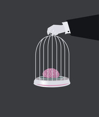 Halloween theme, Halloween menu. Brain in a cage, brain on a plate. Unusual Halloween Card Hand holding a birdcage with a brain in it