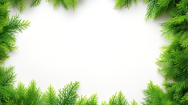  a white background with a green border of fir branches and leaves.  generative ai
