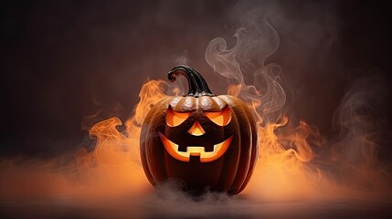  a halloween pumpkin with smoke coming out of it on a black background.  generative ai - obrazy, fototapety, plakaty