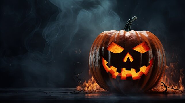  a carved pumpkin with glowing eyes on a dark background with smoke.  generative ai