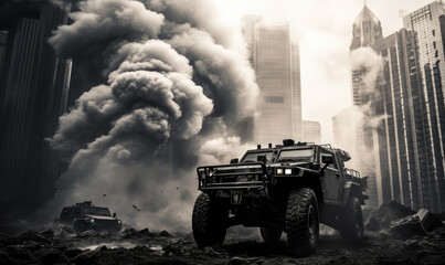 Armored military vehicle in city. Intense battlefield scene.