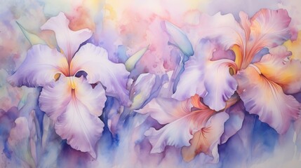  a painting of purple and yellow flowers on a white background.  generative ai