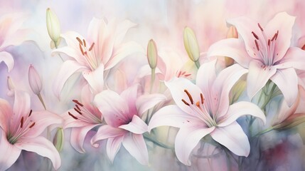  a painting of pink lilies with a blurry background.  generative ai