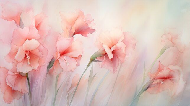  a painting of pink flowers on a white background with green stems.  generative ai