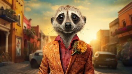 a meerkat dressed in an orange suit with a flower pinned to his lapel.  generative ai - obrazy, fototapety, plakaty