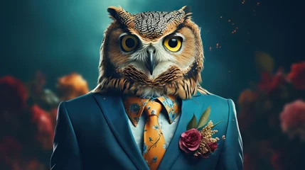 Photo sur Plexiglas Dessins animés de hibou  an owl dressed in a suit and tie with a flower on his lapel.  generative ai