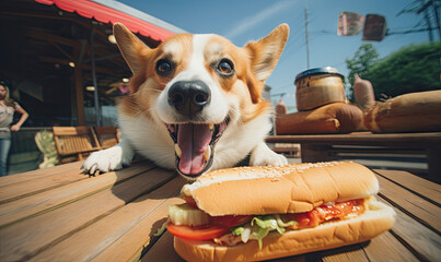 Playful corgi dog in a cafe setting, eagerly eyeing a tempting hot dog on a wooden table.