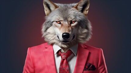 Fototapeta premium a wolf wearing a red suit and tie with a red background. generative ai