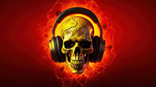  a skull wearing headphones with a yellow skull on it.  generative ai