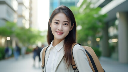 Asian businesswoman go to work at office stand and smiling wear backpack look at camera on street around building on a city, Business commuter concept.