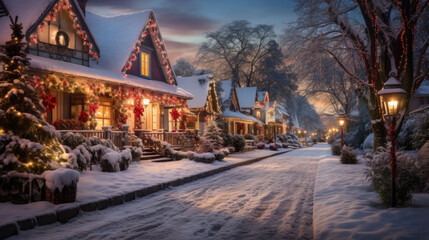 Festively decorated houses at Christmas