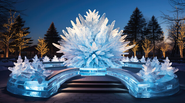Beautiful blue glowing ice sculptures in winter