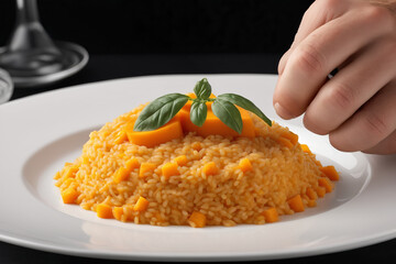 A close-up of a chef's hands as they elegantly garnish a dish of butternut squash risotto - obrazy, fototapety, plakaty