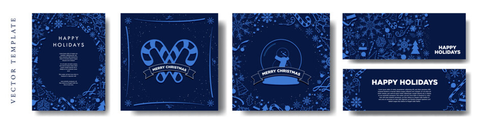 Beautiful Blue Christmas Templates with pop up doodle Christmas illustrations. Gentle Monochromatic Christmas Card and Poster Backgrounds. Square card, vertical posters, horizontal banner. Vector.