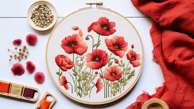 Embroidery of poppy flowers in round hoop on white wooden table. Cross stitch illustration showing love to needlework and interest to create hand made design elements. Cross stitching pattern