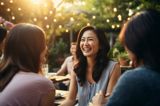 Senior Asian women enjoy lively conversations and laughter,celebrating togetherness and friendship, savoring food and coffee in a beautiful garden cafe,