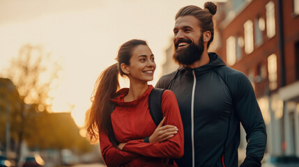 Obraz premium Couple stretching outdoors before morning run. Handsome bearded man and attractive sporty woman running on the street.