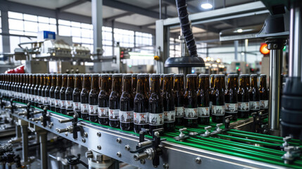 Naklejka premium Glass bottles of beer. Concept brewery plant production line.