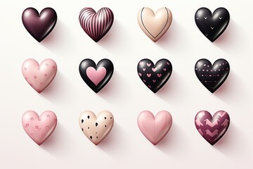 Glossy heart-shaped candies in pink and black color with shadow on a white background, card