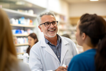 friendly senior pharmacist provides excellent service, assisting a happy client with medication and healthcare needs at the pharmacy.
