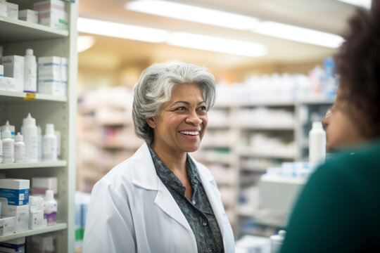 friendly senior pharmacist provides excellent service, assisting a happy client with medication and healthcare needs at the pharmacy.