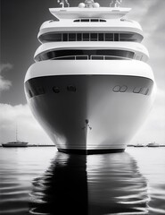 superyacht in the water, white and black color illustration