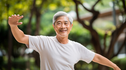 Naklejka na ściany i meble Elderly Asian couple enjoys Tai Chi outdoor exercise yoga, promoting health and togetherness in their active and happy retirement lifestyle