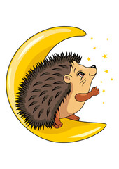 Cute hedgehog resting on the moon and catching stars