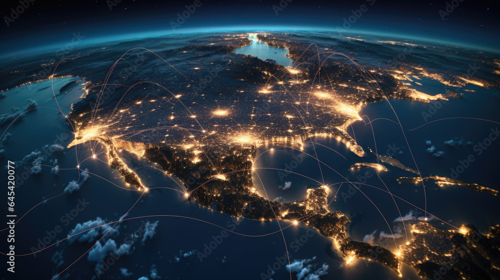 Poster telecommunication network above europe viewed from space . created with generative ai technology.