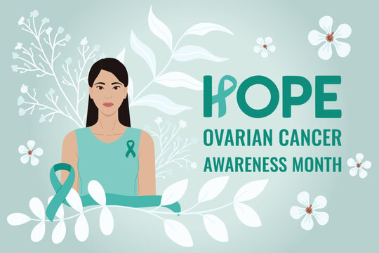 Ovarian Cancer Awareness Month. Hope phrase. Asian woman with flowers and teal ribbon on her chest. Cancer prevention and women health care support illustration - Powered by Adobe