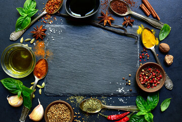 Set of natural organic asian spices . Top view with copy space.