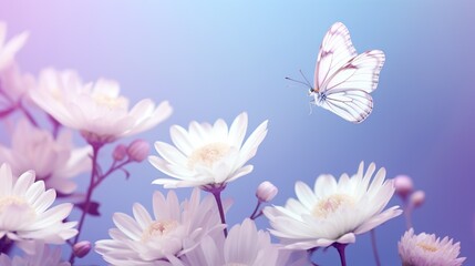  a white butterfly flying over a bunch of white daisies.  generative ai