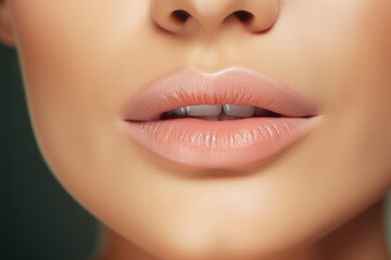 Part of woman face with mouth. Beautiful plump female lips with natural makeup close up. Concept of beauty and cosmetology