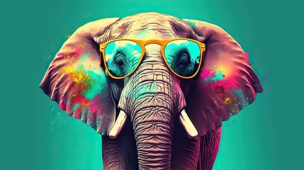  an elephant with glasses on its head and a blue background.  generative ai