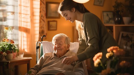 elderly old aged man being cared for by a caregiver