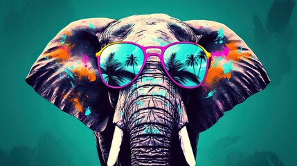  an elephant wearing sunglasses with palm trees painted on it's face.  generative ai