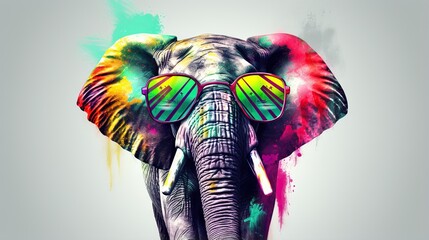  an elephant with sunglasses on its head with paint splatters on it.  generative ai