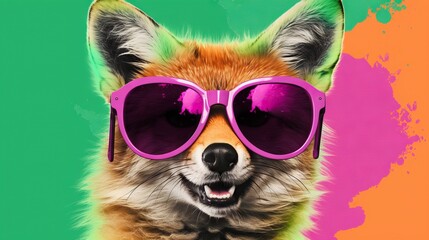  a dog wearing pink sunglasses and a pink bow tie on a green and pink background.  generative ai