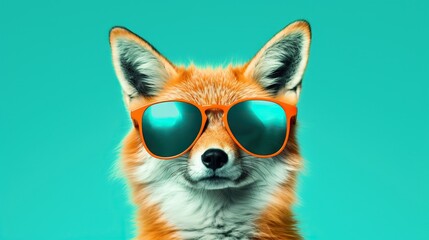  a close up of a dog wearing sunglasses with a blue background.  generative ai