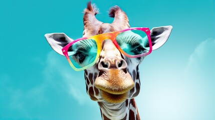  a giraffe wearing sunglasses with a blue sky in the background.  generative ai