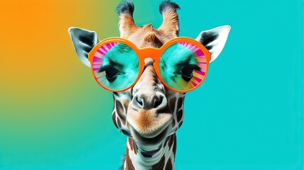  a giraffe wearing a pair of sunglasses with a colorful background.  generative ai