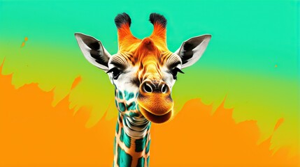  a close up of a giraffe's face with a green and yellow background.  generative ai