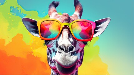  a giraffe with sunglasses on its head and a colorful background.  generative ai