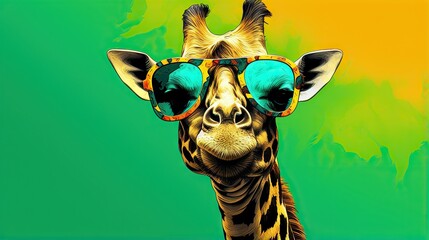  a giraffe with sunglasses on its head and a green background.  generative ai