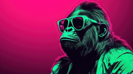  a gorilla wearing sunglasses and a jacket with a pink background.  generative ai
