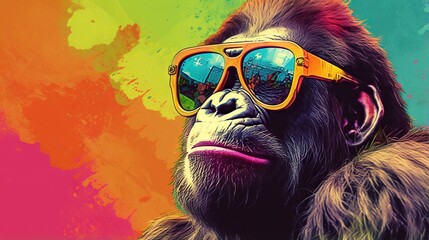  a monkey wearing sunglasses and a jacket with a colorful background.  generative ai