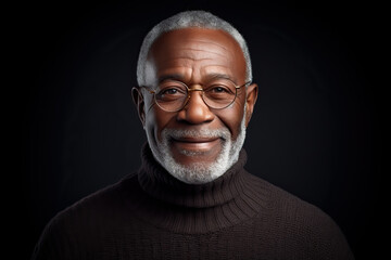 portrait of older handsome black man with grey beard on black background, ai generated