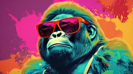  a gorilla wearing red sunglasses and a colorful painting of a gorilla.  generative ai