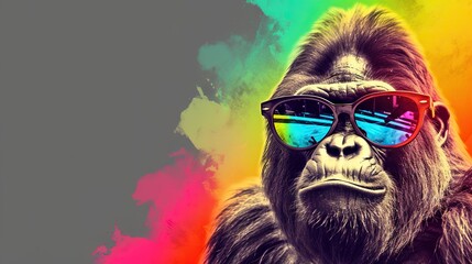  a gorilla wearing sunglasses and a rainbow colored sky behind it.  generative ai