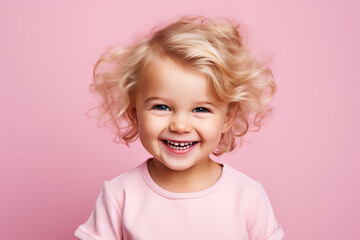 portrait of cute blond toddler on pink background, ai generated - obrazy, fototapety, plakaty